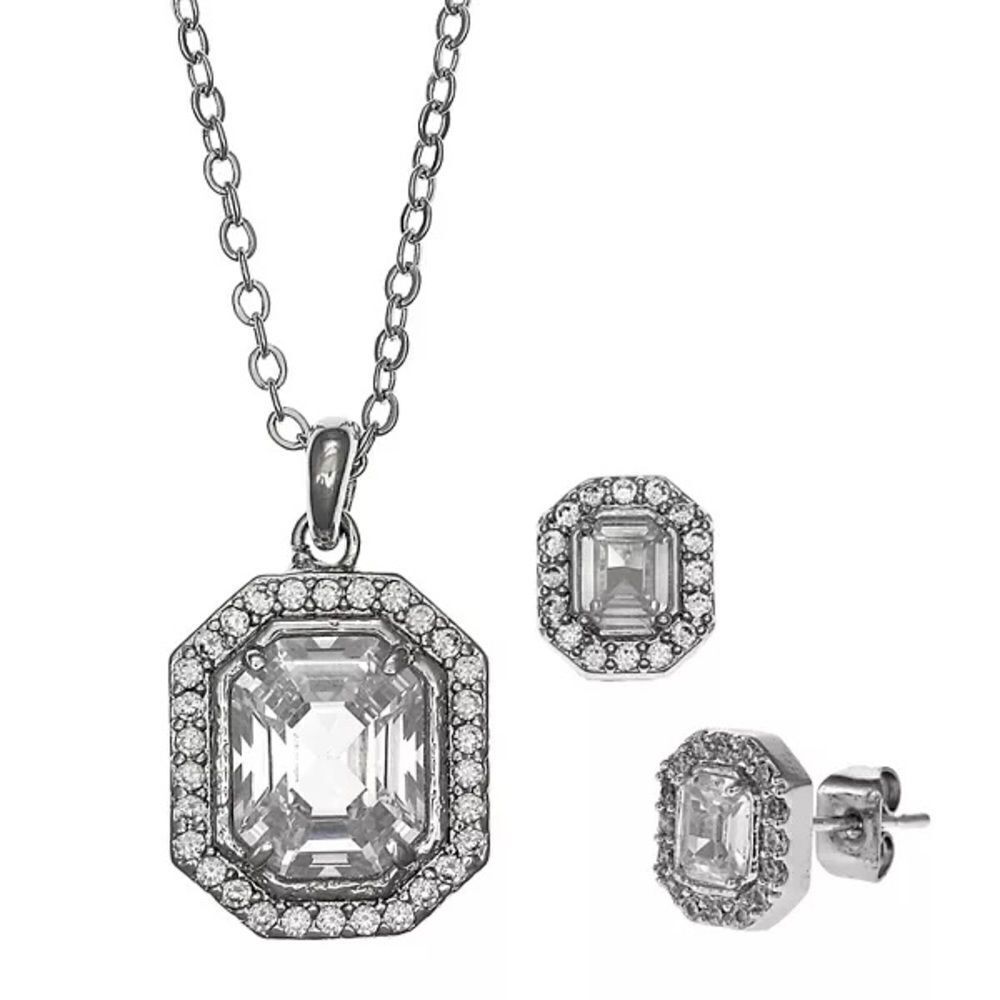 Christian Siriano Silver Square Pendant Necklace and Earrings Set New